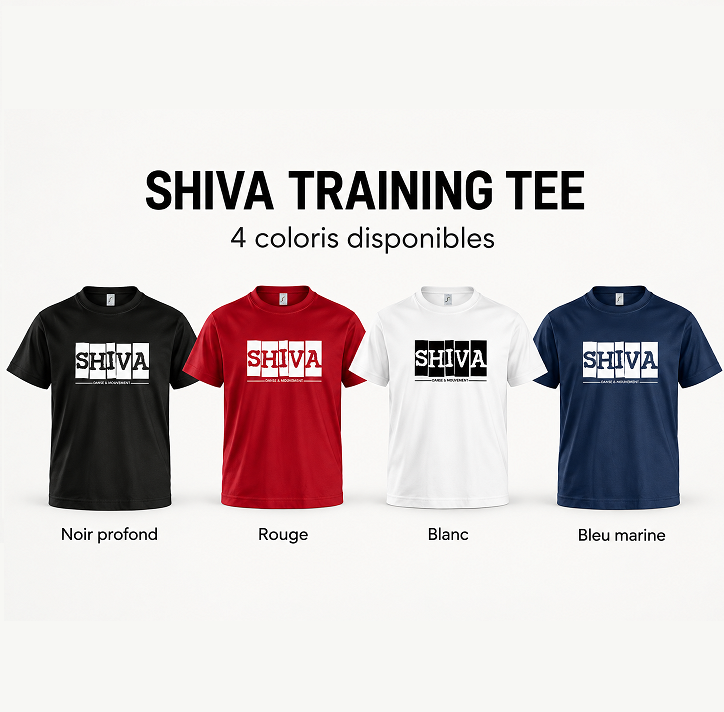 T-shirts Shiva en quatre coloris : noir profond, rouge, blanc et bleu marine